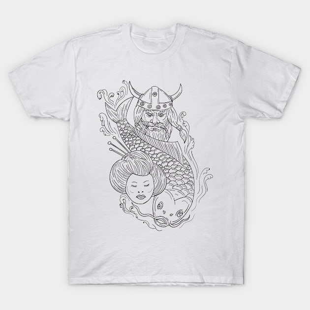 Viking Carp Geisha Head Black and White Drawing T-Shirt by patrimonio